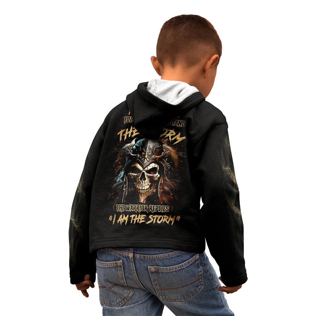 Black hoodie on child from back, large skull storm print and hood up