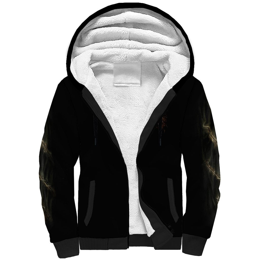 Black sherpa-lined hoodie with white fleece interior and hood, front view