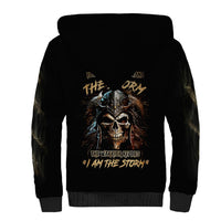 Black sherpa hoodie with warrior skull graphic on back, hood and kangaroo pocket
