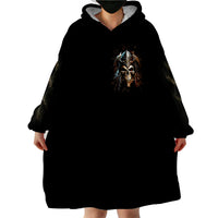 Black wearable blanket hoodie with skull graphic and roomy hood, front view