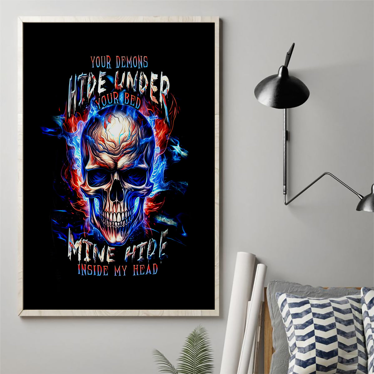 Fire Skull Canvas Wall Art Your Demon Hide Under Your Bed - Wonder Print Shop