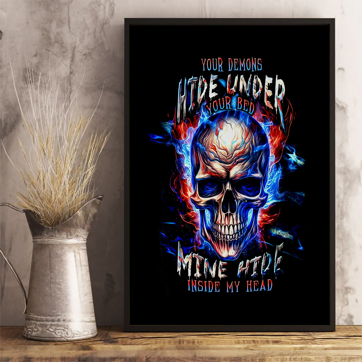 Fire Skull Canvas Wall Art Your Demon Hide Under Your Bed - Wonder Print Shop