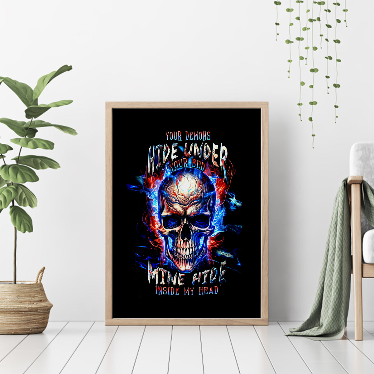Fire Skull Canvas Wall Art Your Demon Hide Under Your Bed - Wonder Print Shop
