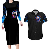 Fire Skull Couples Matching Long Sleeve Bodycon Dress and Hawaiian Shirt Your Demon Hide Under Your Bed - Wonder Print Shop