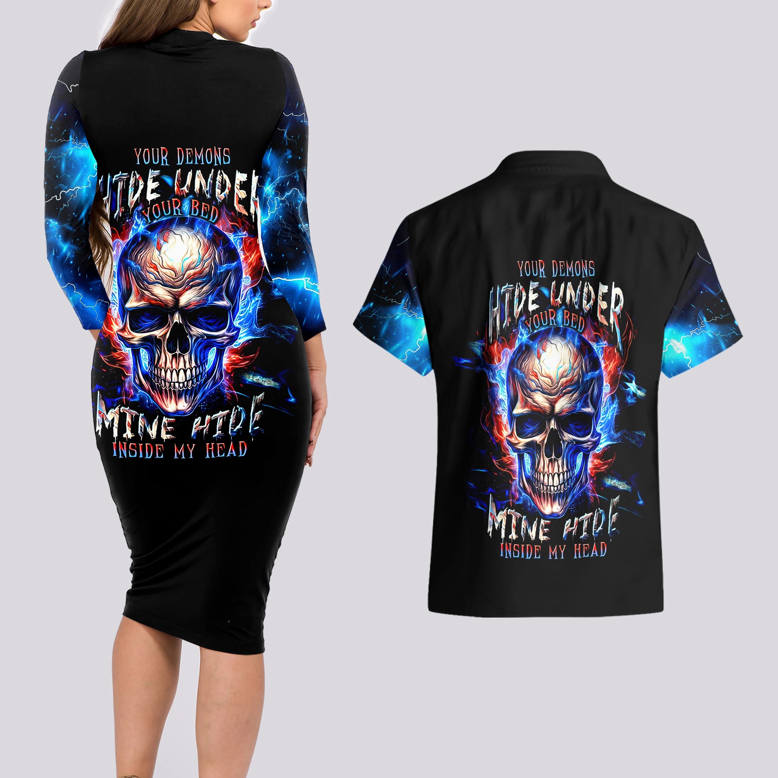 Fire Skull Couples Matching Long Sleeve Bodycon Dress and Hawaiian Shirt Your Demon Hide Under Your Bed - Wonder Print Shop