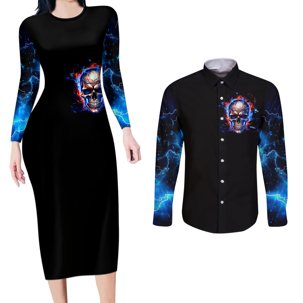 Fire Skull Couples Matching Long Sleeve Bodycon Dress and Long Sleeve Button Shirts Your Demon Hide Under Your Bed - Wonder Print Shop