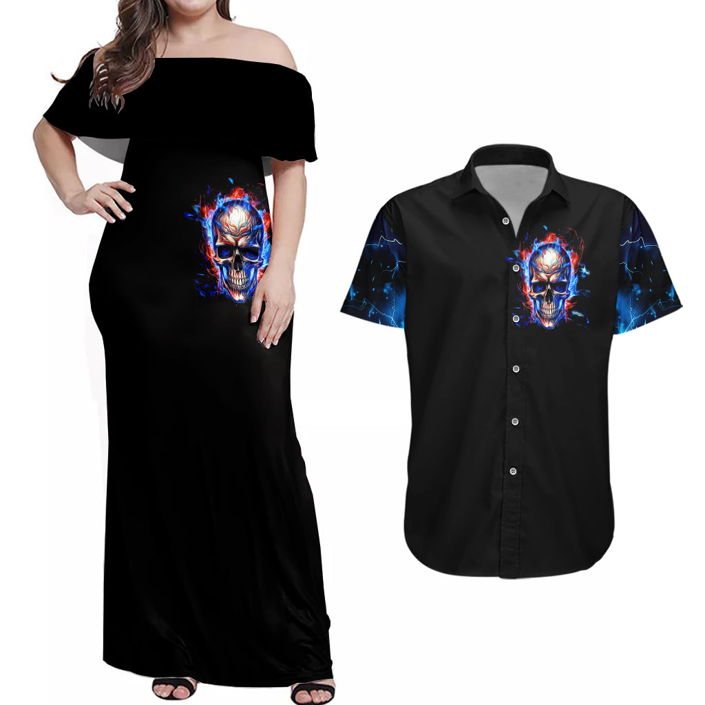 Fire Skull Couples Matching Off Shoulder Maxi Dress and Hawaiian Shirt Your Demon Hide Under Your Bed - Wonder Print Shop