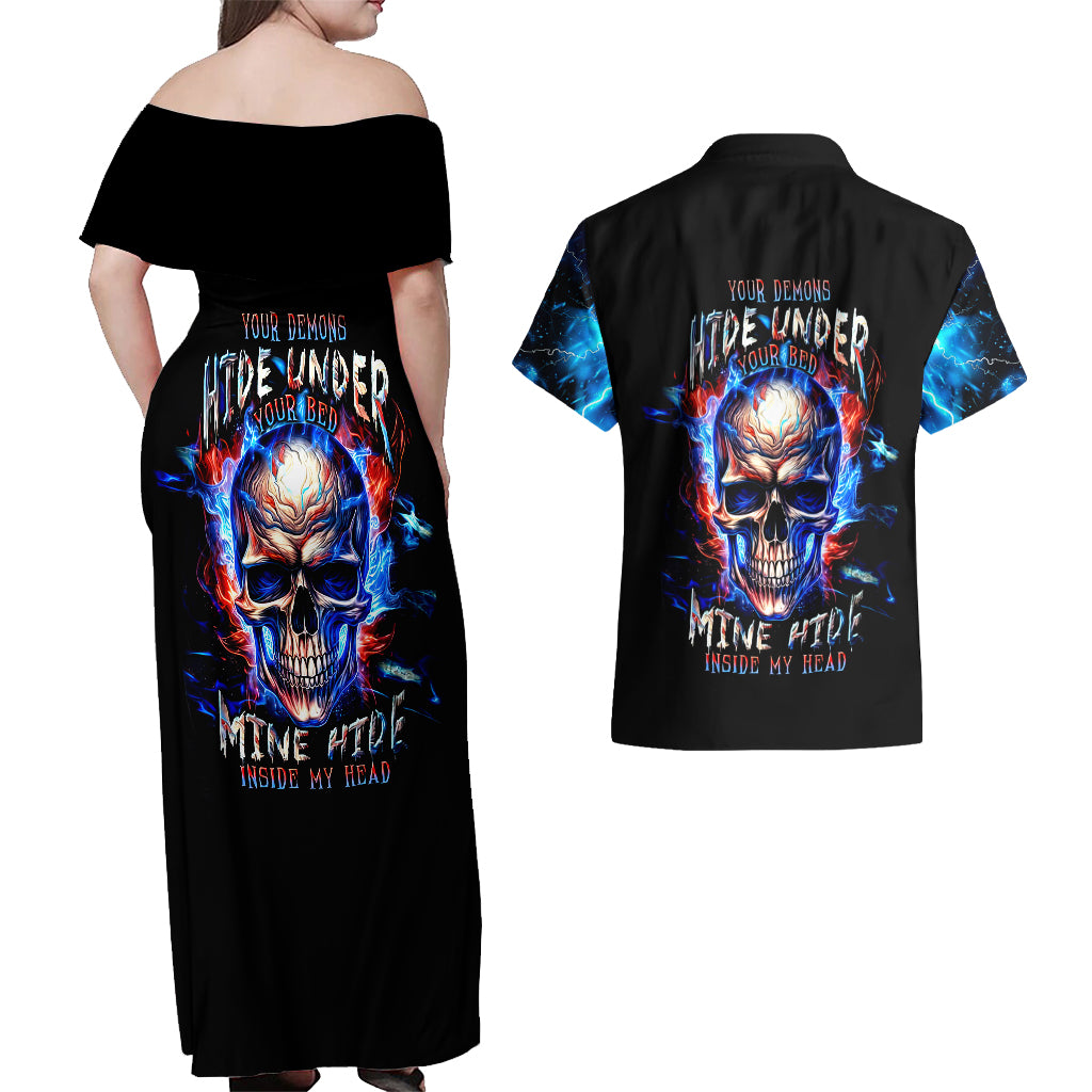 Fire Skull Couples Matching Off Shoulder Maxi Dress and Hawaiian Shirt Your Demon Hide Under Your Bed - Wonder Print Shop