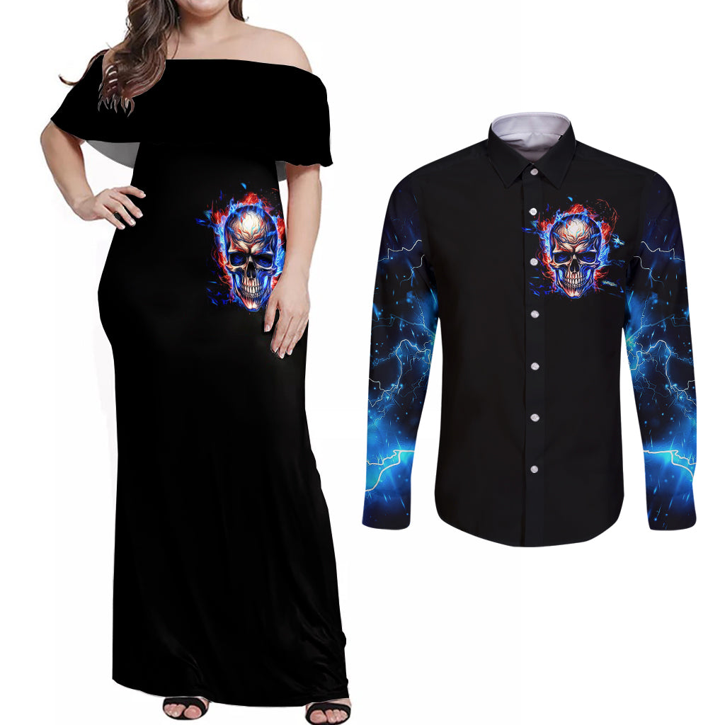 Fire Skull Couples Matching Off Shoulder Maxi Dress and Long Sleeve Button Shirts Your Demon Hide Under Your Bed - Wonder Print Shop