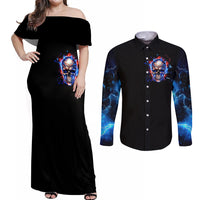 Fire Skull Couples Matching Off Shoulder Maxi Dress and Long Sleeve Button Shirts Your Demon Hide Under Your Bed - Wonder Print Shop