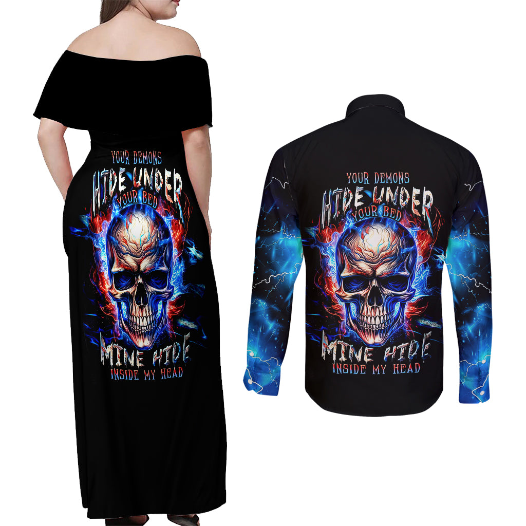 Fire Skull Couples Matching Off Shoulder Maxi Dress and Long Sleeve Button Shirts Your Demon Hide Under Your Bed - Wonder Print Shop