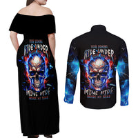 Fire Skull Couples Matching Off Shoulder Maxi Dress and Long Sleeve Button Shirts Your Demon Hide Under Your Bed - Wonder Print Shop