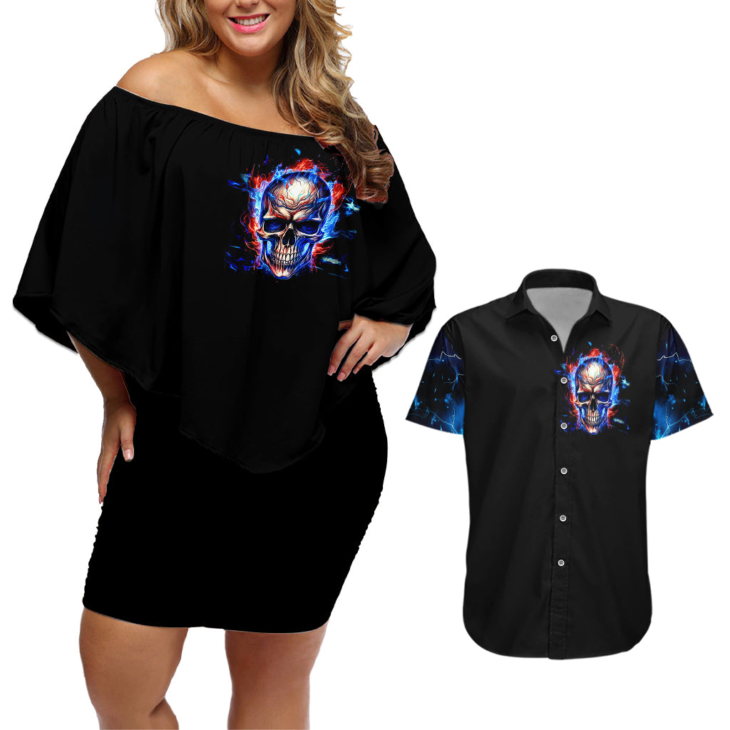 Fire Skull Couples Matching Off Shoulder Short Dress and Hawaiian Shirt Your Demon Hide Under Your Bed - Wonder Print Shop