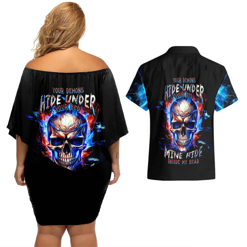 Fire Skull Couples Matching Off Shoulder Short Dress and Hawaiian Shirt Your Demon Hide Under Your Bed - Wonder Print Shop