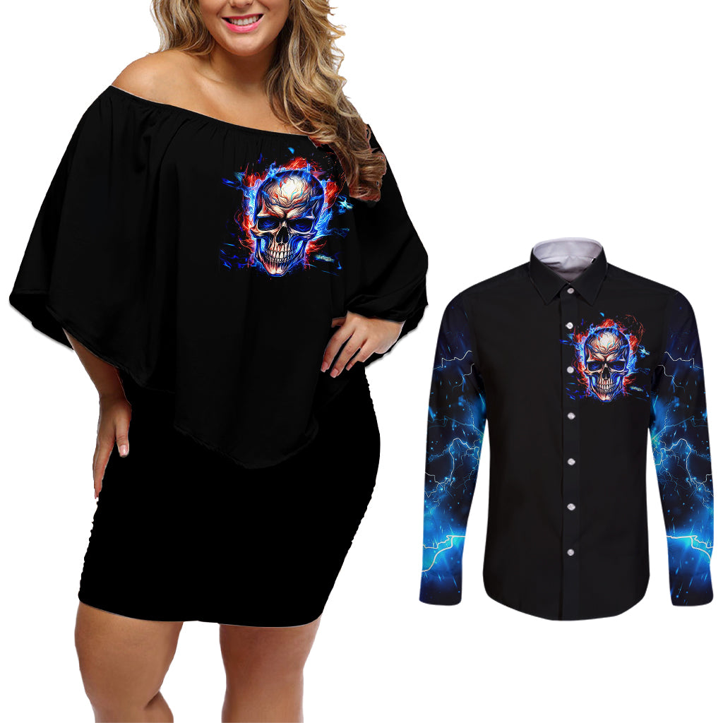 Fire Skull Couples Matching Off Shoulder Short Dress and Long Sleeve Button Shirts Your Demon Hide Under Your Bed - Wonder Print Shop