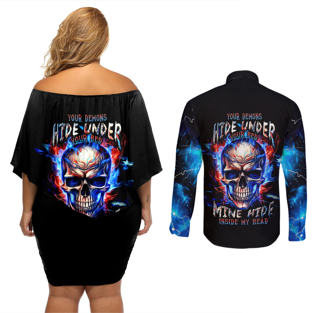 Fire Skull Couples Matching Off Shoulder Short Dress and Long Sleeve Button Shirts Your Demon Hide Under Your Bed - Wonder Print Shop