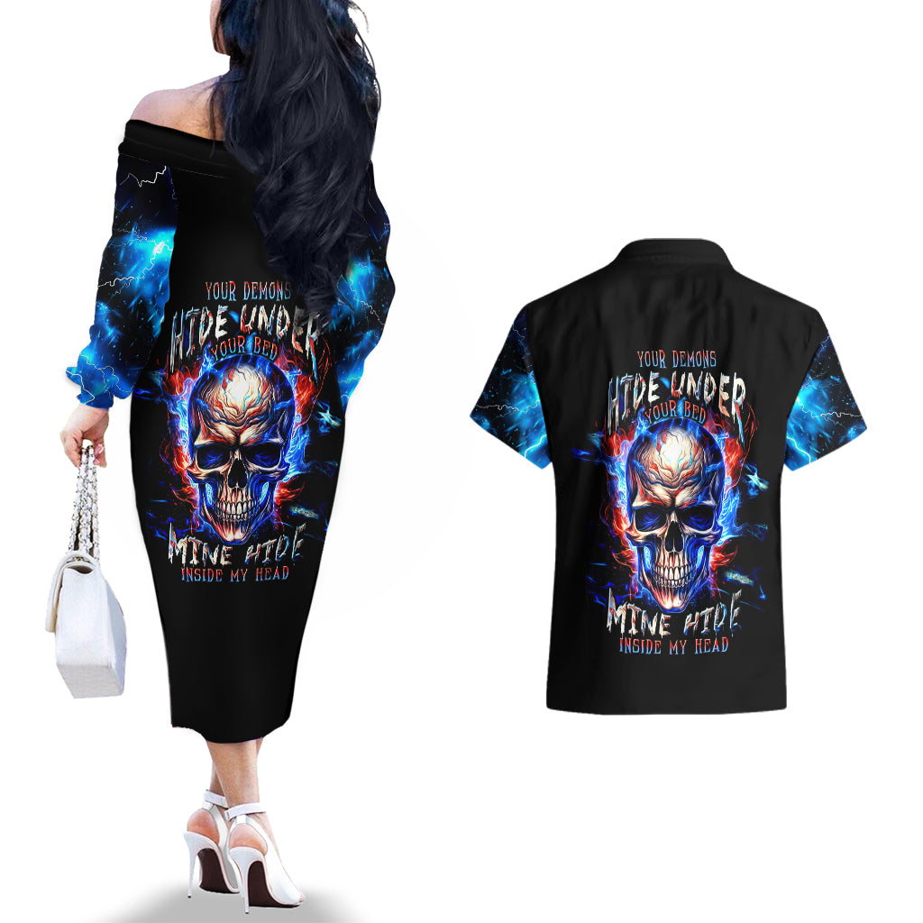 Fire Skull Couples Matching Off The Shoulder Long Sleeve Dress and Hawaiian Shirt Your Demon Hide Under Your Bed - Wonder Print Shop