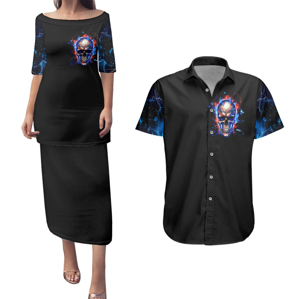 Fire Skull Couples Matching Puletasi Dress and Hawaiian Shirt Your Demon Hide Under Your Bed - Wonder Print Shop