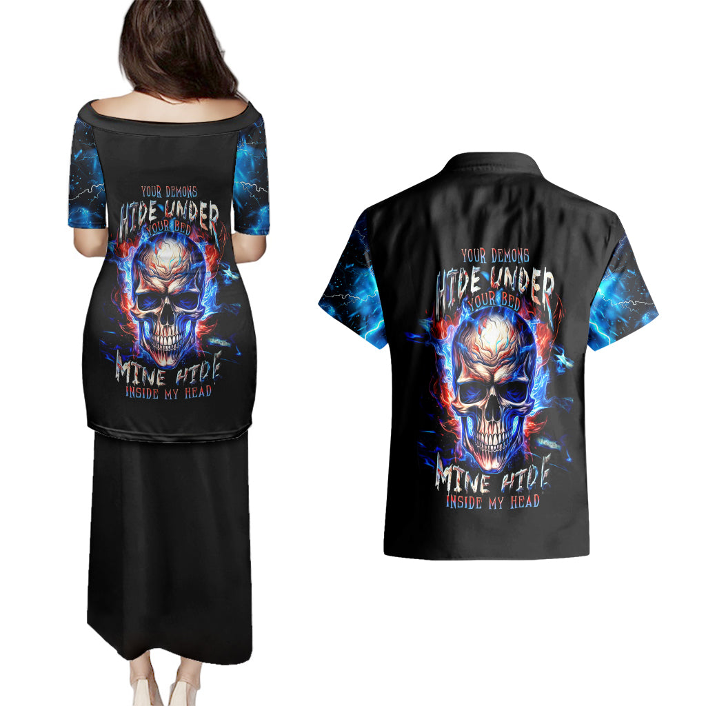 Fire Skull Couples Matching Puletasi Dress and Hawaiian Shirt Your Demon Hide Under Your Bed - Wonder Print Shop