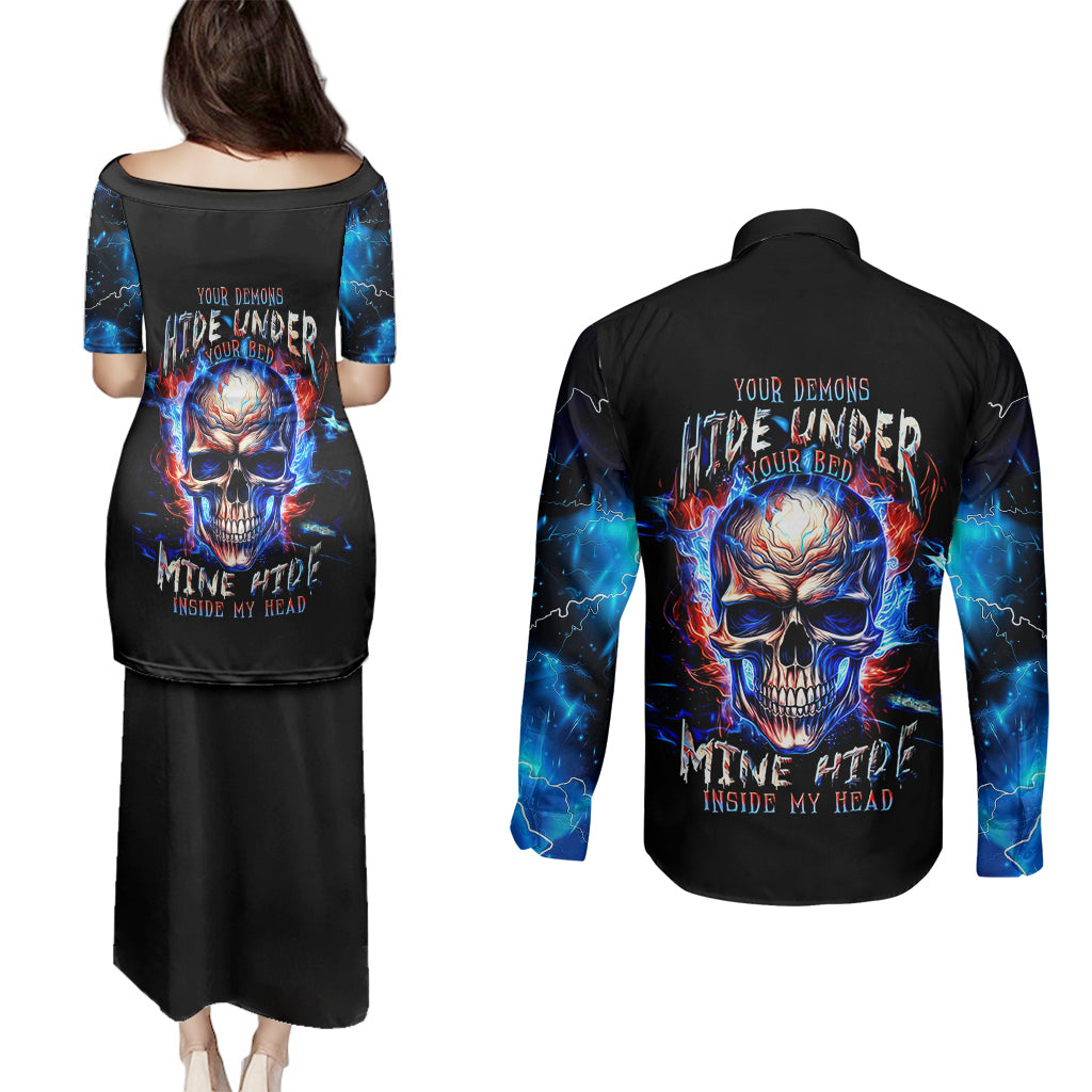 Fire Skull Couples Matching Puletasi Dress and Long Sleeve Button Shirts Your Demon Hide Under Your Bed - Wonder Print Shop