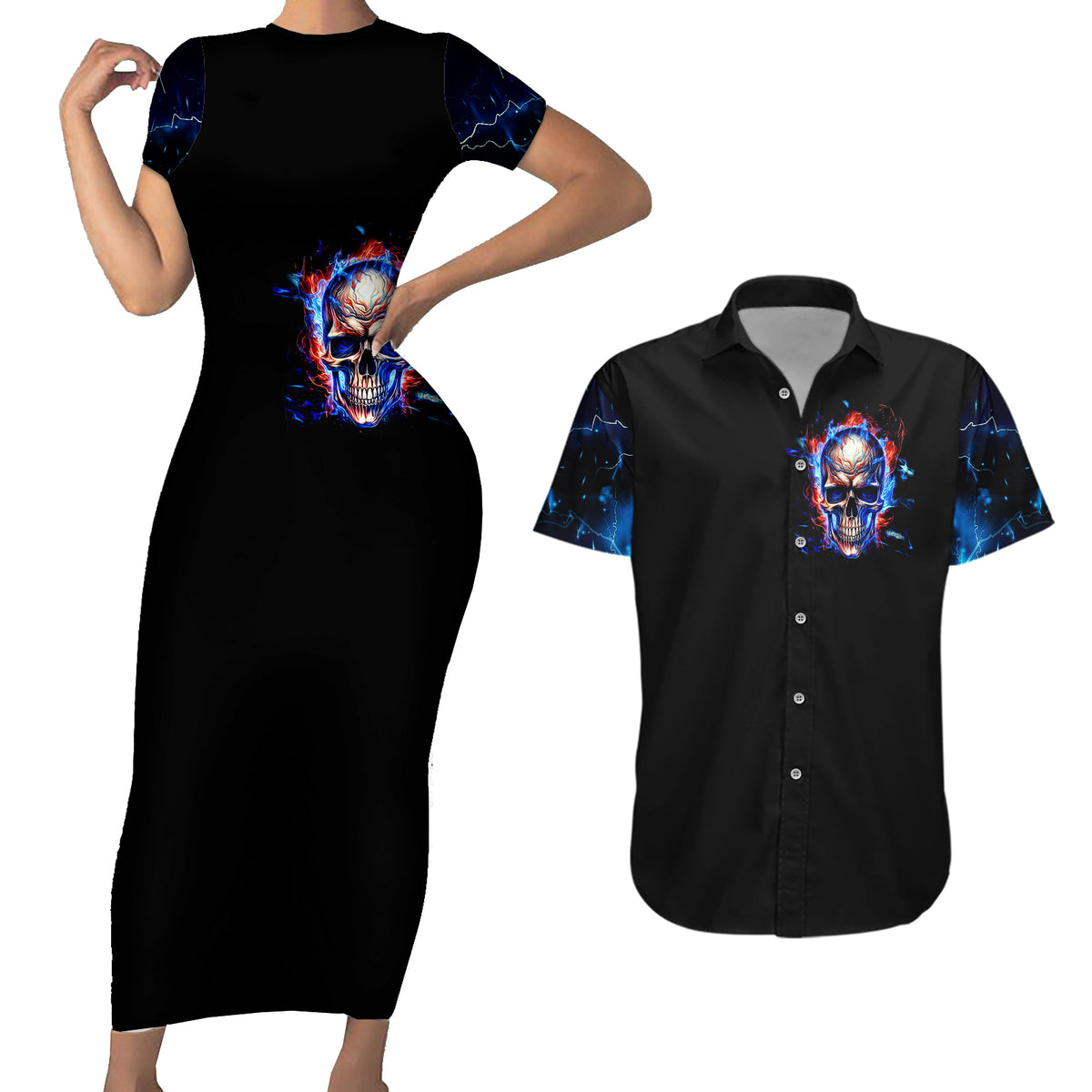 Fire Skull Couples Matching Short Sleeve Bodycon Dress and Hawaiian Shirt Your Demon Hide Under Your Bed - Wonder Print Shop