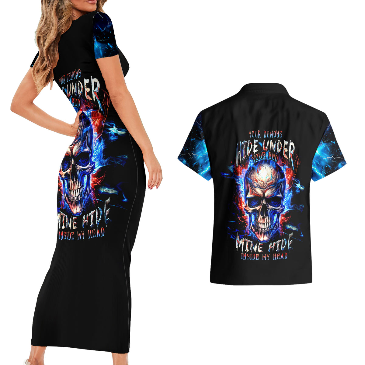Fire Skull Couples Matching Short Sleeve Bodycon Dress and Hawaiian Shirt Your Demon Hide Under Your Bed - Wonder Print Shop