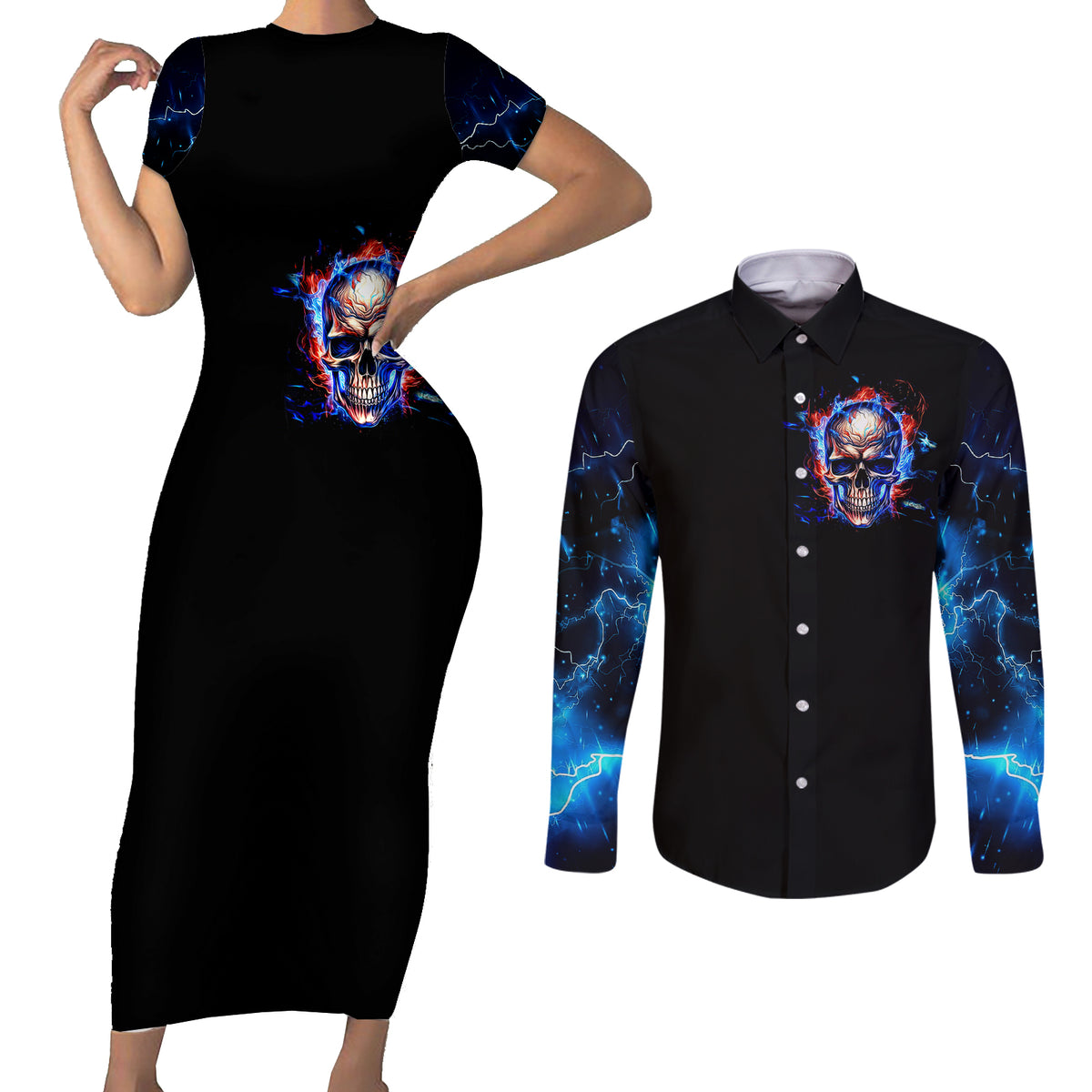 Fire Skull Couples Matching Short Sleeve Bodycon Dress and Long Sleeve Button Shirts Your Demon Hide Under Your Bed - Wonder Print Shop