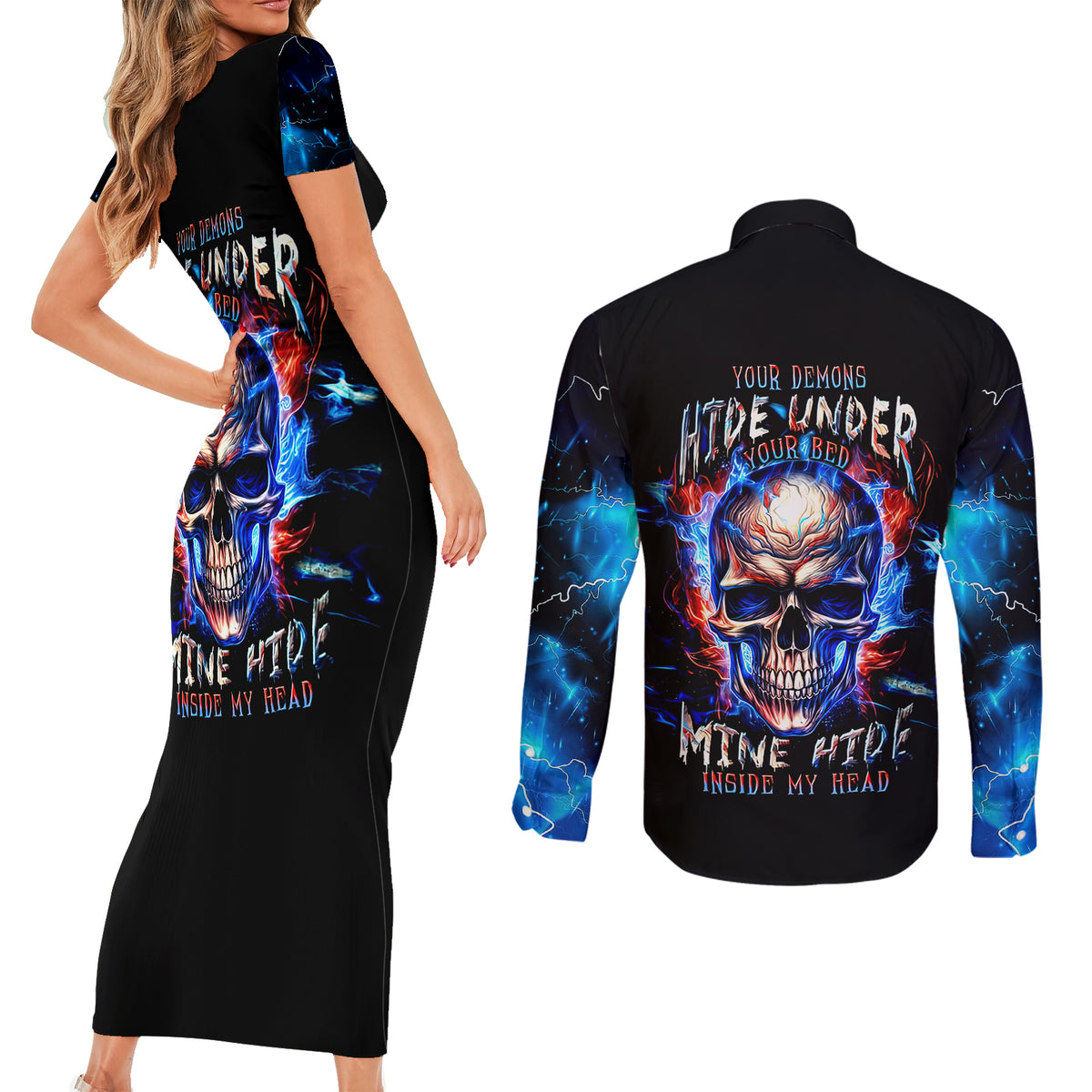 Fire Skull Couples Matching Short Sleeve Bodycon Dress and Long Sleeve Button Shirts Your Demon Hide Under Your Bed - Wonder Print Shop