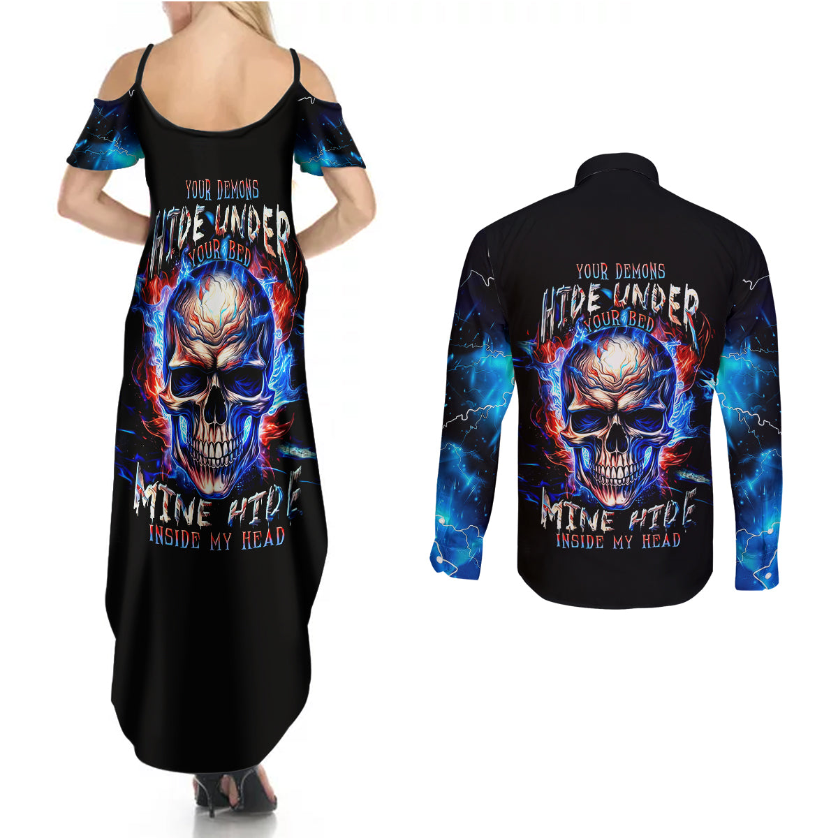 Fire Skull Couples Matching Summer Maxi Dress and Long Sleeve Button Shirts Your Demon Hide Under Your Bed - Wonder Print Shop
