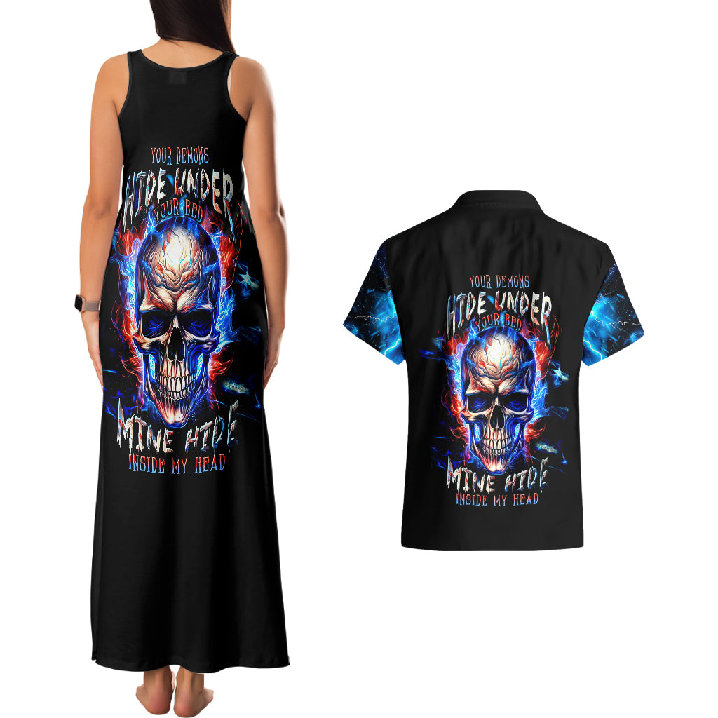 Fire Skull Couples Matching Tank Maxi Dress and Hawaiian Shirt Your Demon Hide Under Your Bed - Wonder Print Shop
