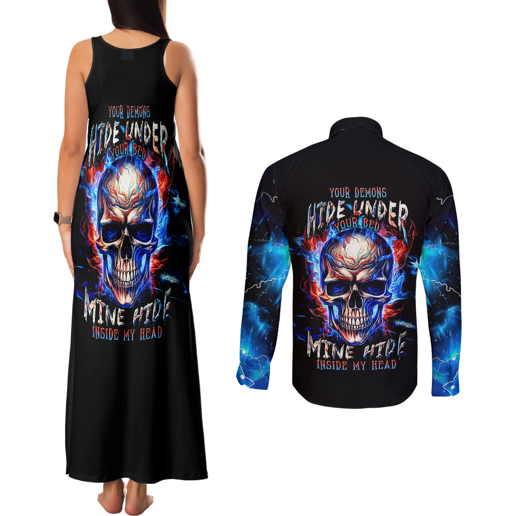Fire Skull Couples Matching Tank Maxi Dress and Long Sleeve Button Shirts Your Demon Hide Under Your Bed - Wonder Print Shop
