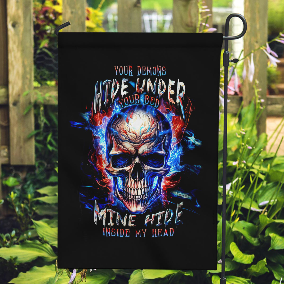 Fire Skull Garden Flag Your Demon Hide Under Your Bed - Wonder Print Shop