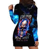 Black hoodie dress with blue lightning skull graphic, long sleeves and front print