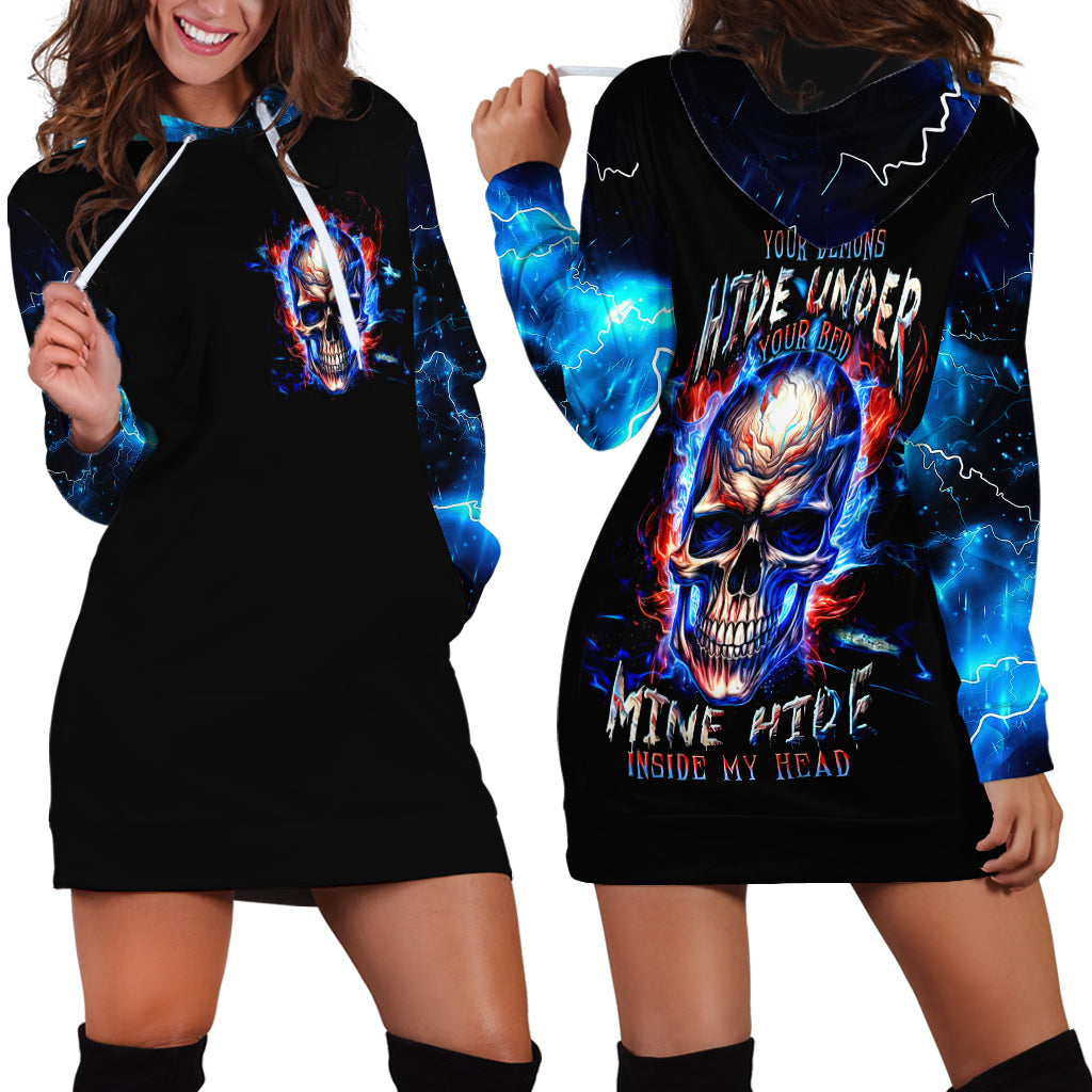 Black hoodie dress with blue skull graphic and hood, front view