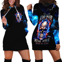 Black hoodie dress with blue skull graphic and hood, front view