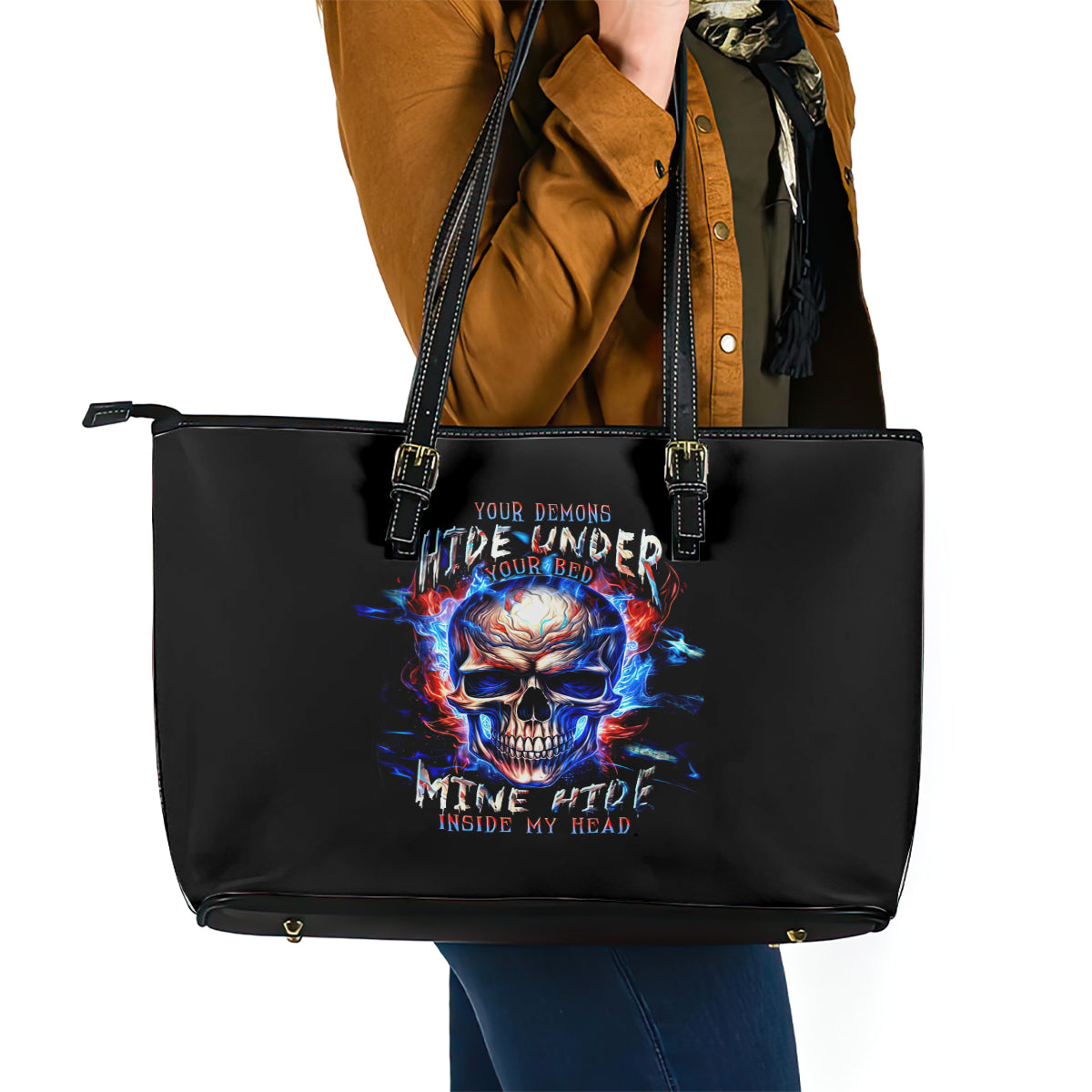 Fire Skull Leather Tote Bag Your Demon Hide Under Your Bed - Wonder Print Shop