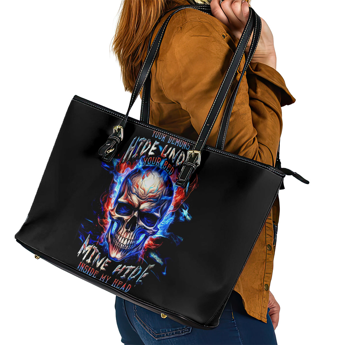 Fire Skull Leather Tote Bag Your Demon Hide Under Your Bed - Wonder Print Shop