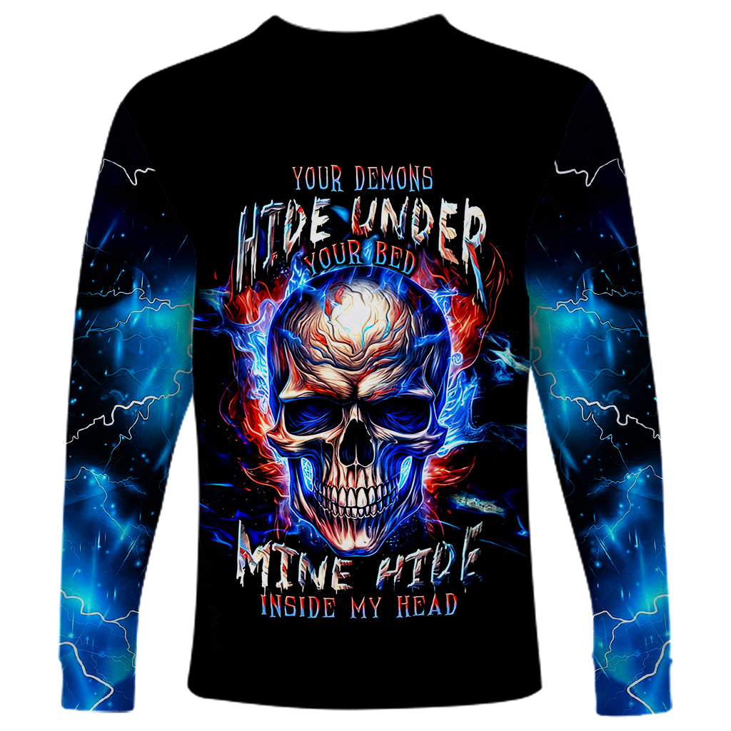 Fire Skull Long Sleeve Shirt Your Demon Hide Under Your Bed - Wonder Print Shop