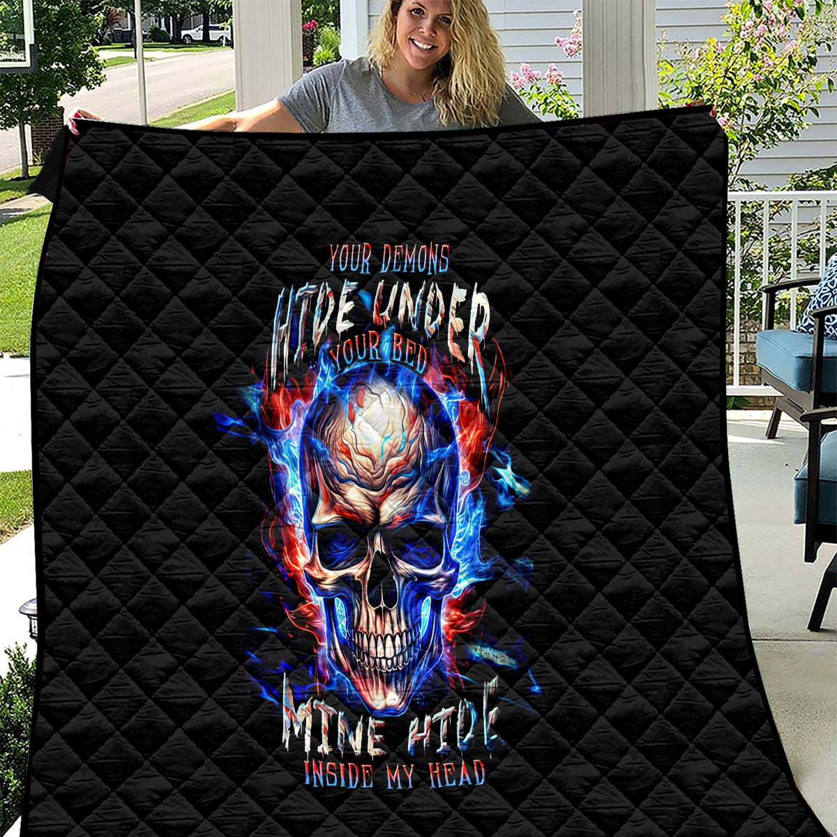 Fire Skull Quilt Your Demon Hide Under Your Bed - Wonder Print Shop