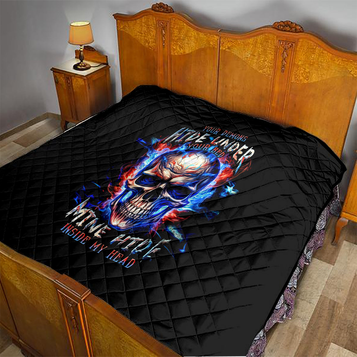 Fire Skull Quilt Your Demon Hide Under Your Bed - Wonder Print Shop