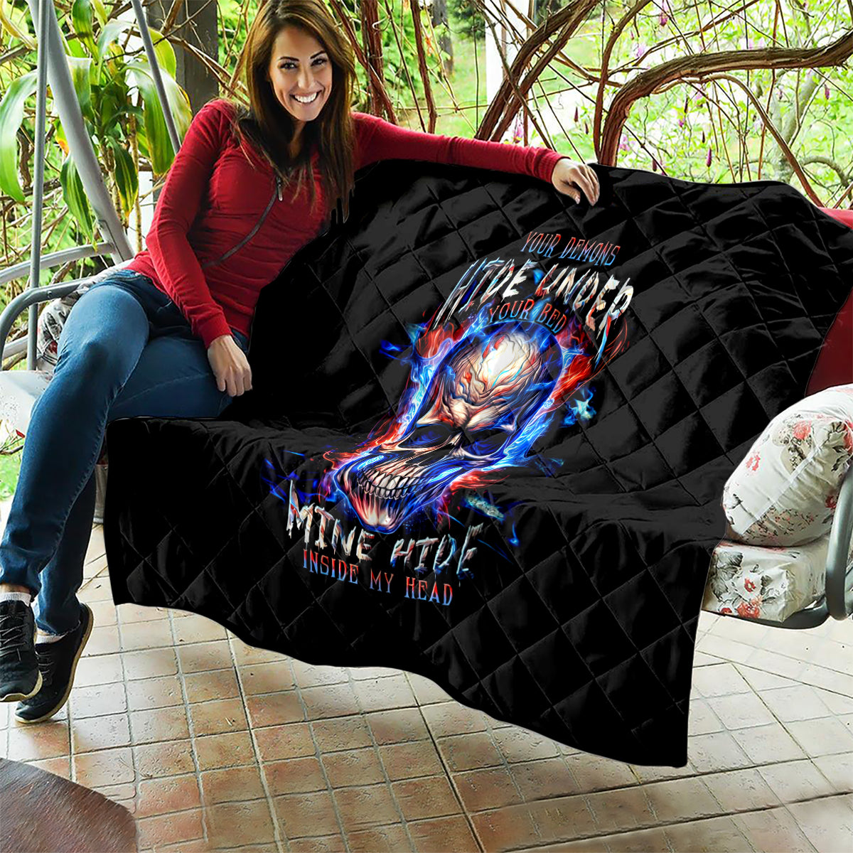 Fire Skull Quilt Your Demon Hide Under Your Bed - Wonder Print Shop