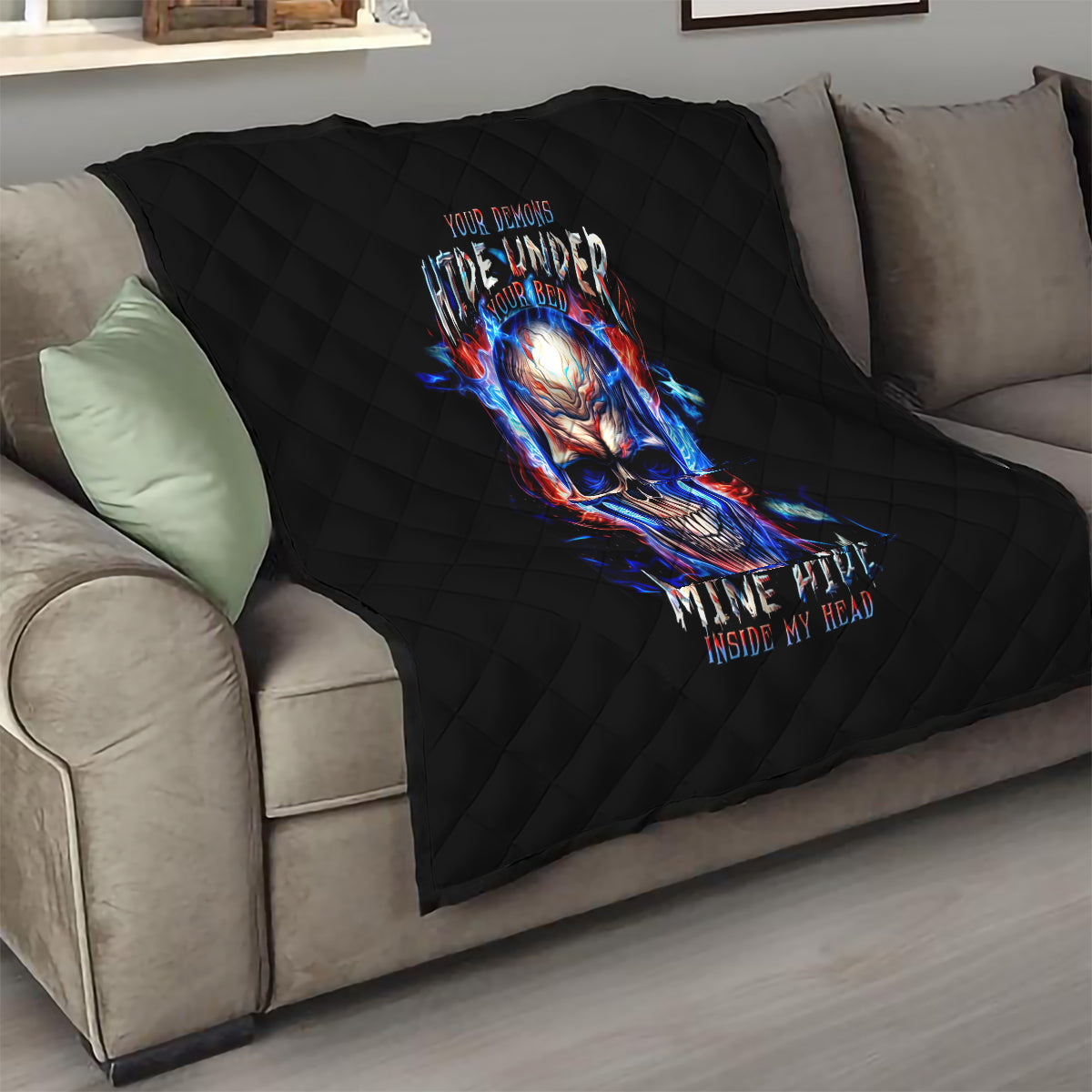 Fire Skull Quilt Your Demon Hide Under Your Bed - Wonder Print Shop