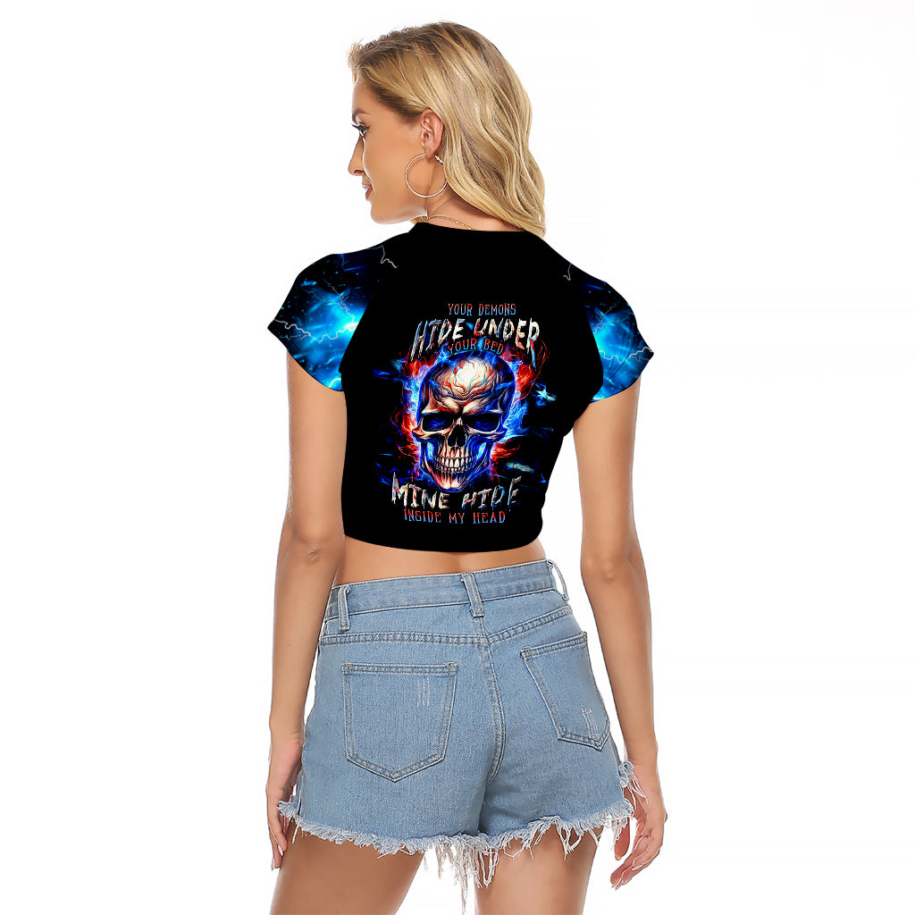 Fire Skull Raglan Cropped T Shirt Your Demon Hide Under Your Bed - Wonder Print Shop