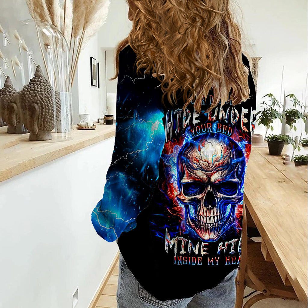 Fire Skull Women Casual Shirt Your Demon Hide Under Your Bed - Wonder Print Shop