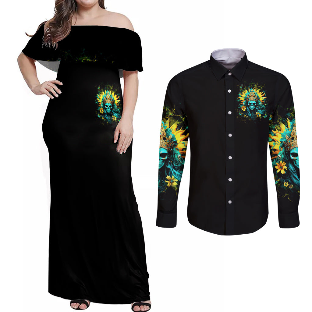 Sunflower Skull Couples Matching Off Shoulder Maxi Dress and Long Sleeve Button Shirt Bitch I'm Not A Princess I'm The Fucking Queen - Wonder Print Shop