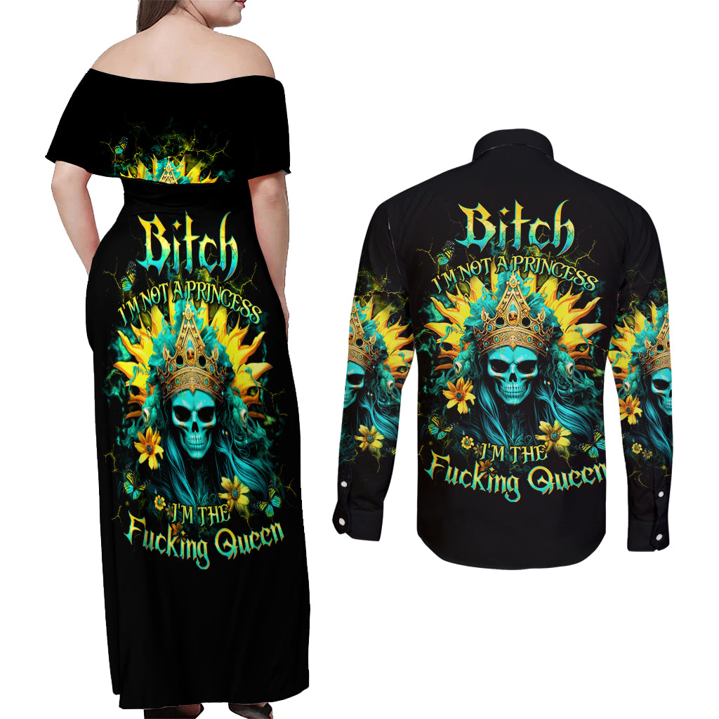 Sunflower Skull Couples Matching Off Shoulder Maxi Dress and Long Sleeve Button Shirt Bitch I'm Not A Princess I'm The Fucking Queen - Wonder Print Shop