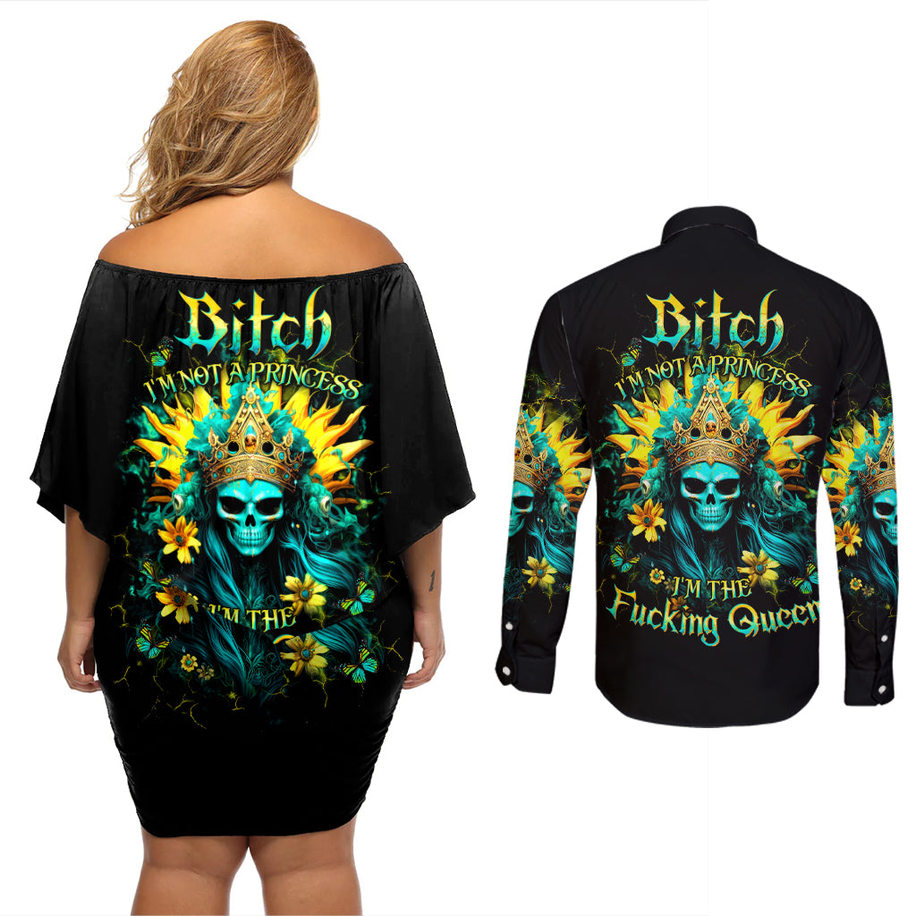 Sunflower Skull Couples Matching Off Shoulder Short Dress and Long Sleeve Button Shirt Bitch I'm Not A Princess I'm The Fucking Queen - Wonder Print Shop