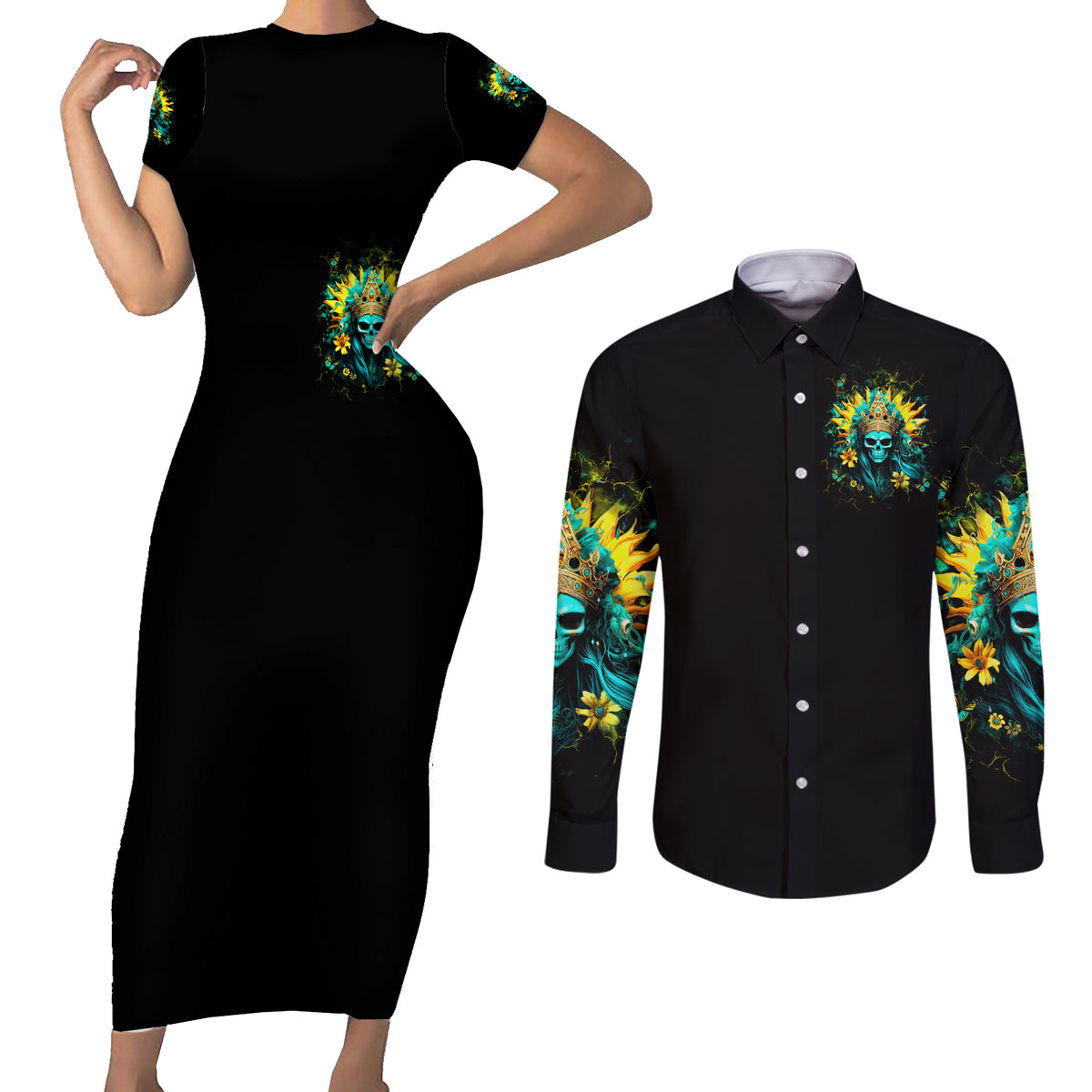 Sunflower Skull Couples Matching Short Sleeve Bodycon Dress and Long Sleeve Button Shirt Bitch I'm Not A Princess I'm The Fucking Queen - Wonder Print Shop