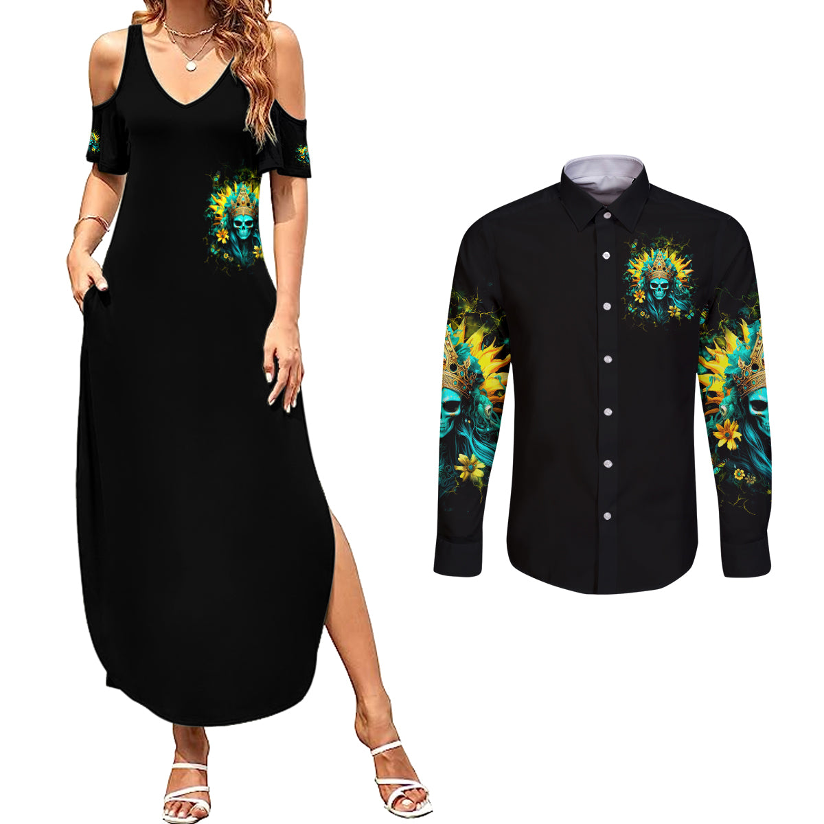 Sunflower Skull Couples Matching Summer Maxi Dress and Long Sleeve Button Shirt Bitch I'm Not A Princess I'm The Fucking Queen - Wonder Print Shop