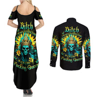 Sunflower Skull Couples Matching Summer Maxi Dress and Long Sleeve Button Shirt Bitch I'm Not A Princess I'm The Fucking Queen - Wonder Print Shop